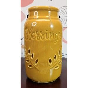 NWT "Blessings" Engraved Mustard Color Ceramic Hanging Candle Holder Lantern 6"